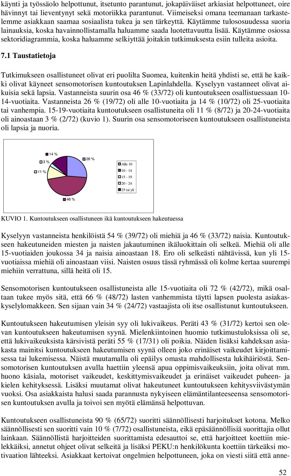 Käytämme osiossa sektoridiagrammia, koska haluamme selkiyttää joitakin tutkimuksesta esiin tulleita asioita. 7.