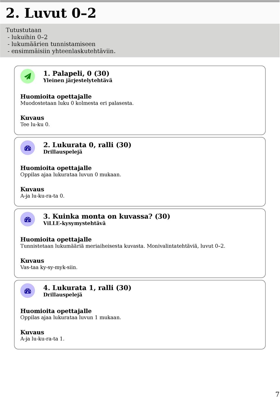 Lukurata 0, ralli (30) Oppilas ajaa lukurataa luvun 0 mukaan. A-ja lu-ku-ra-ta 0. 3. Kuinka monta on kuvassa?
