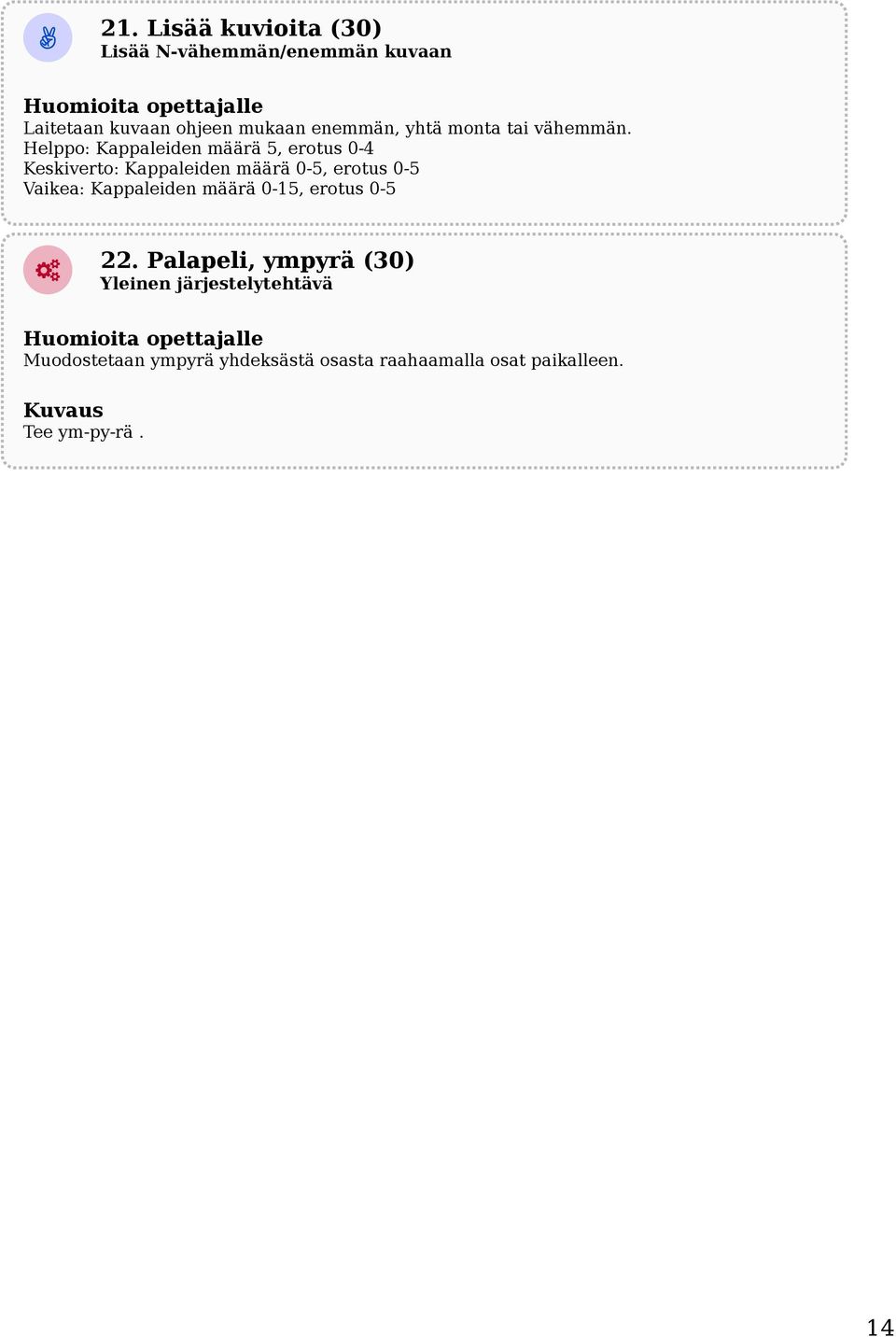 Helppo: Kappaleiden määrä 5, erotus 0-4 Keskiverto: Kappaleiden määrä 0-5, erotus 0-5 Vaikea: