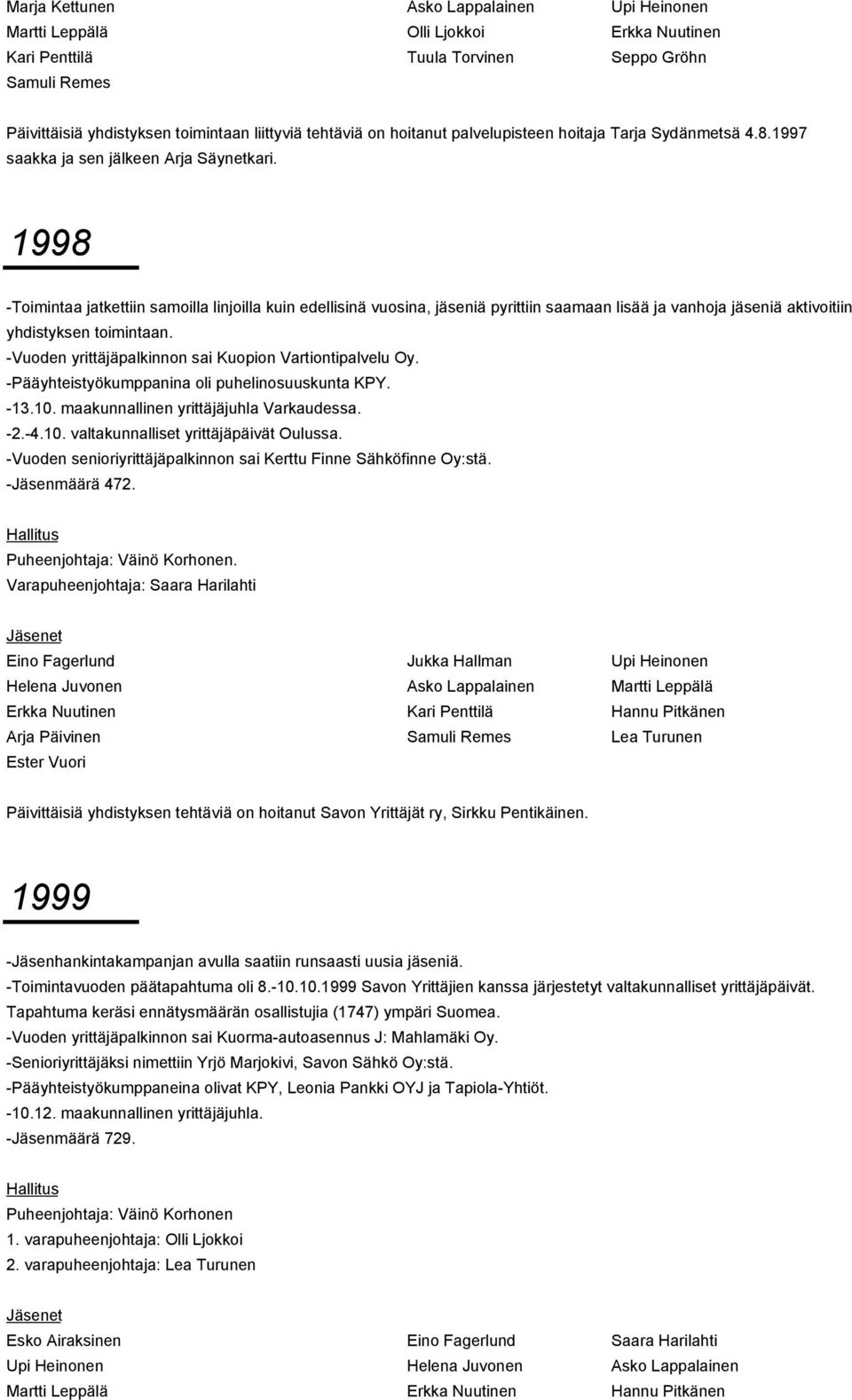 1998 -Toimintaa jatkettiin samoilla linjoilla kuin edellisinä vuosina, jäseniä pyrittiin saamaan lisää ja vanhoja jäseniä aktivoitiin yhdistyksen toimintaan.