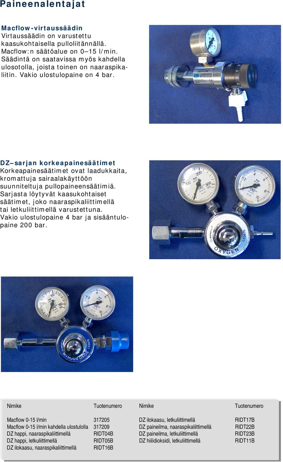 DZ sarjan korkeapainesäätimet Korkeapainesäätimet ovat laadukkaita, kromattuja sairaalakäyttöön suunniteltuja pullopaineensäätimiä.