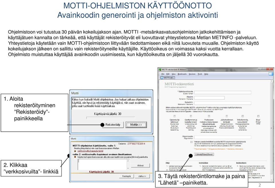 Yhteystietoja käytetään vain MOTTI-ohjelmistoon liittyvään tiedottamiseen eikä niitä luovuteta muualle. Ohjelmiston käyttö kokeilujakson jälkeen on sallittu vain rekisteröityneille käyttäjille.