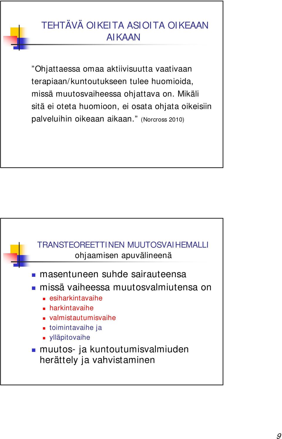 (Norcross 2010) TRANSTEOREETTINEN MUUTOSVAIHEMALLI ohjaamisen apuvälineenä masentuneen suhde sairauteensa missä vaiheessa