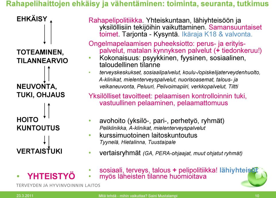 Ongelmapelaamisen puheeksiotto: perus- ja erityispalvelut, matalan kynnyksen palvelut (+ tiedonkeruu!