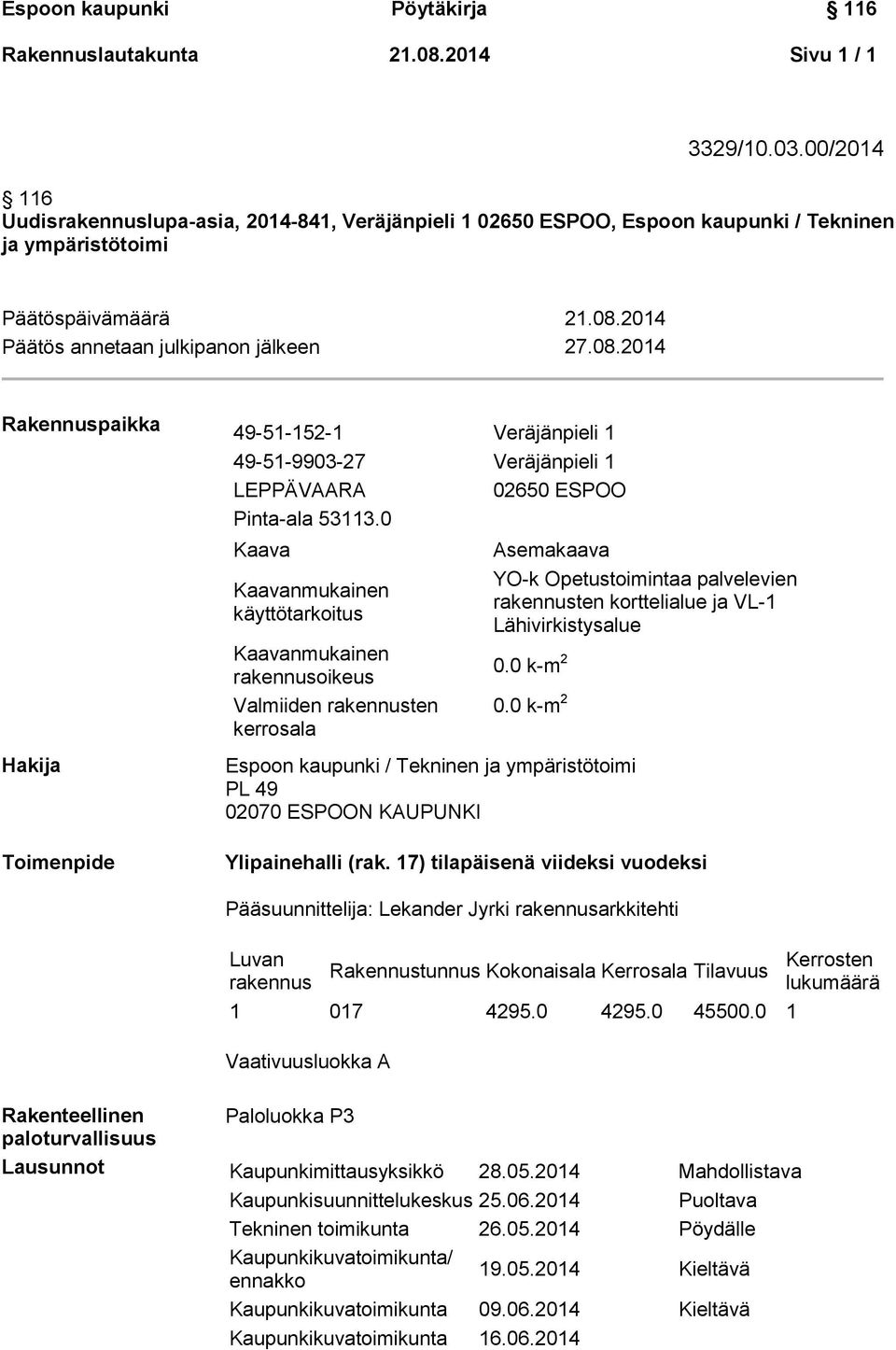 0 Kaava Kaavanmukainen käyttötarkoitus Kaavanmukainen rakennusoikeus Valmiiden rakennusten kerrosala Asemakaava YO-k Opetustoimintaa palvelevien rakennusten korttelialue ja VL-1 Lähivirkistysalue 0.