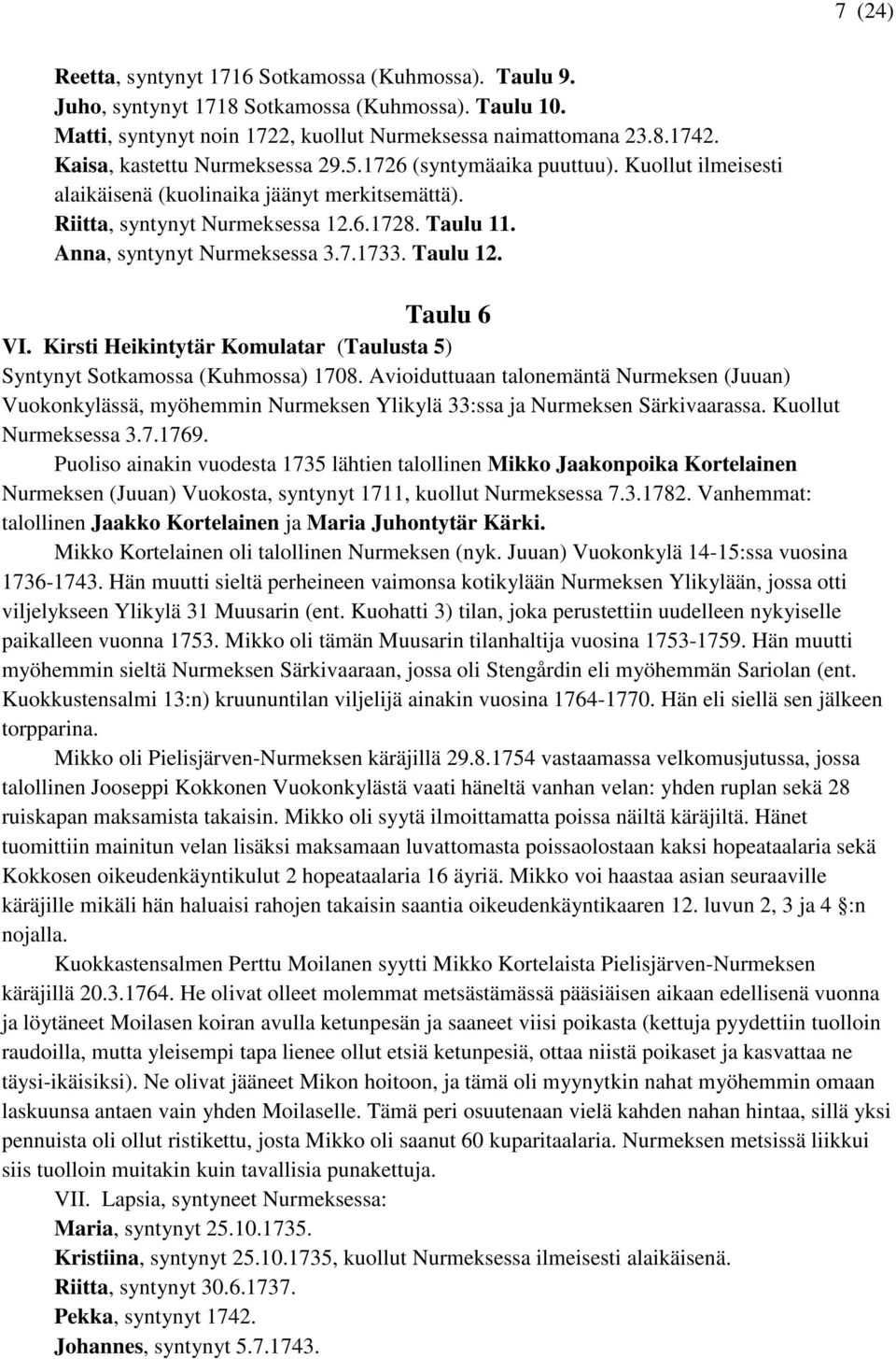 Anna, syntynyt Nurmeksessa 3.7.1733. Taulu 12. Taulu 6 VI. Kirsti Heikintytär Komulatar (Taulusta 5) Syntynyt Sotkamossa (Kuhmossa) 1708.
