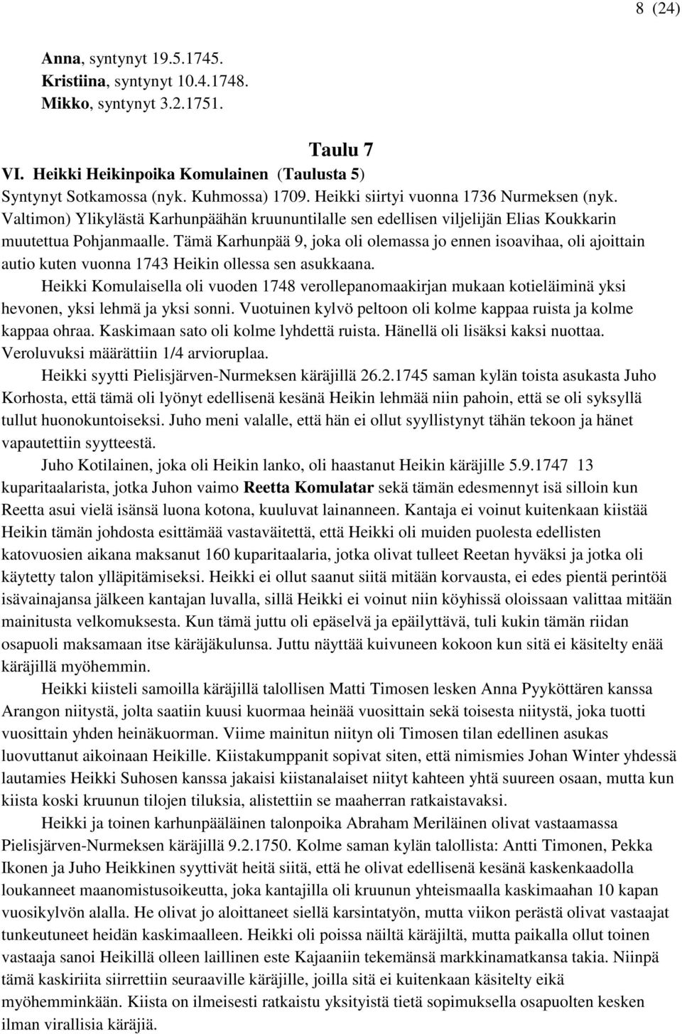 Tämä Karhunpää 9, joka oli olemassa jo ennen isoavihaa, oli ajoittain autio kuten vuonna 1743 Heikin ollessa sen asukkaana.