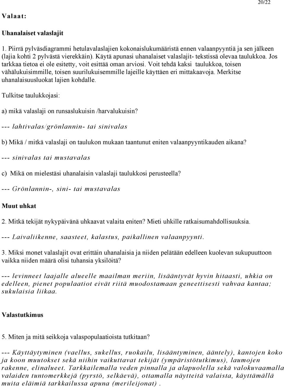 Voit tehdä kaksi taulukkoa, toisen vähälukuisimmille, toisen suurilukuisemmille lajeille käyttäen eri mittakaavoja. Merkitse uhanalaisuusluokat lajien kohdalle.