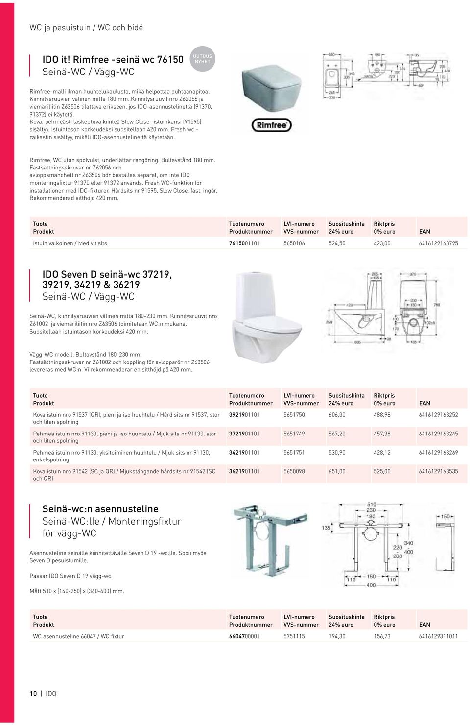 Istuintason korkeudeksi suositellaan 420 mm. Fresh wc - raikastin sisältyy, mikäli IDO-asennustelinettä käytetään. Rimfree, WC utan spolvulst, underlättar rengöring. Bultavstånd 180 mm.