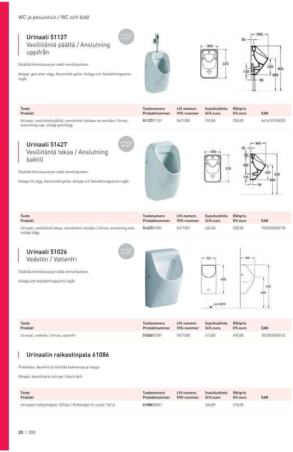 Urinaali, vesiliitäntä päältä, viemäröinti lattiaan tai seinään / Urinal, anslutning upp, avlopp golv/vägg numero nummer 112701101 67100 310,00 20,00 6416129104323 Urinaali 1427 Vesiliitäntä takaa /