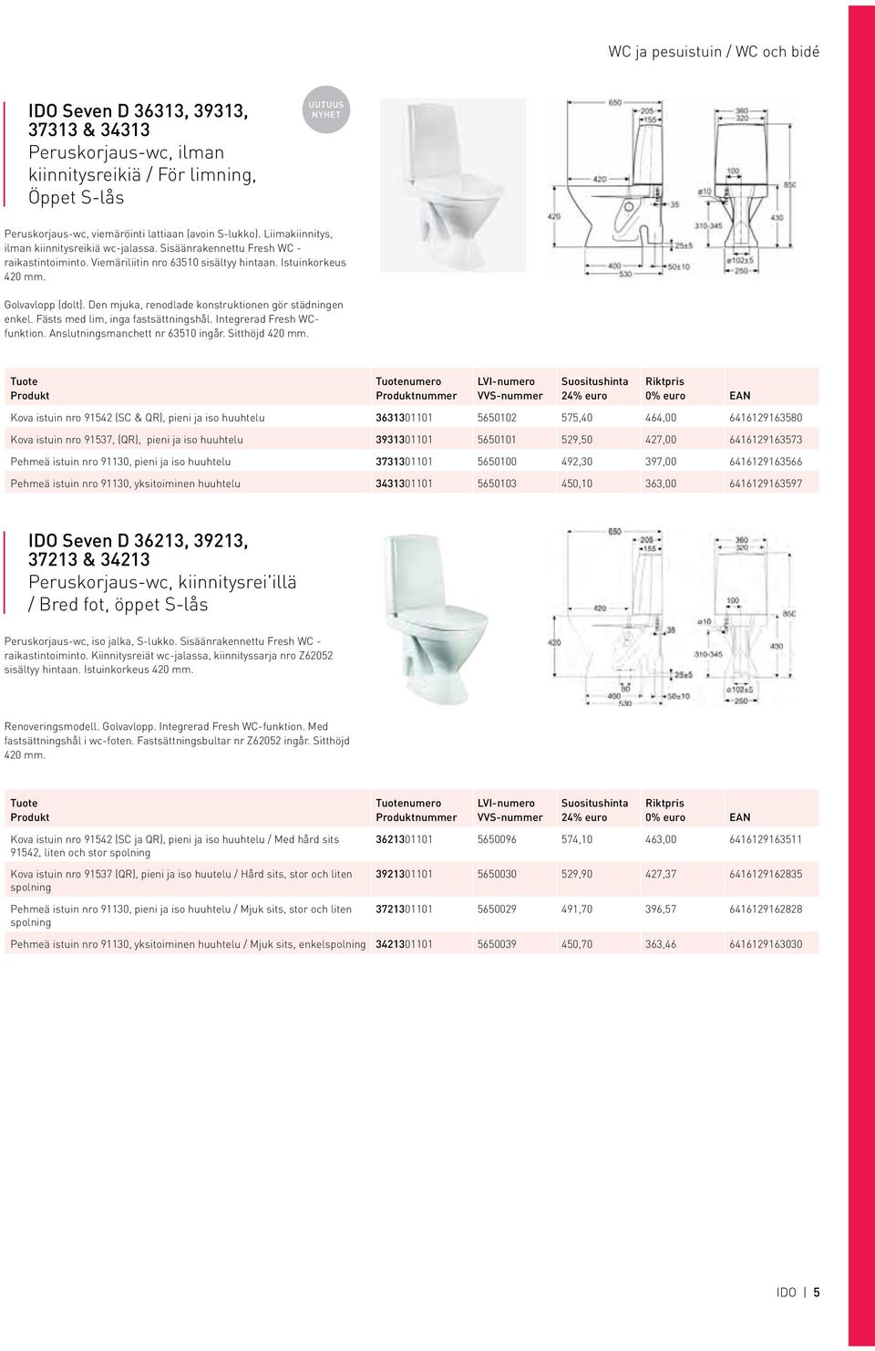 Den mjuka, renodlade konstruktionen gör städningen enkel. Fästs med lim, inga fastsättningshål. Integrerad Fresh WCfunktion. Anslutningsmanchett nr 6310 ingår. Sitthöjd 420 mm.