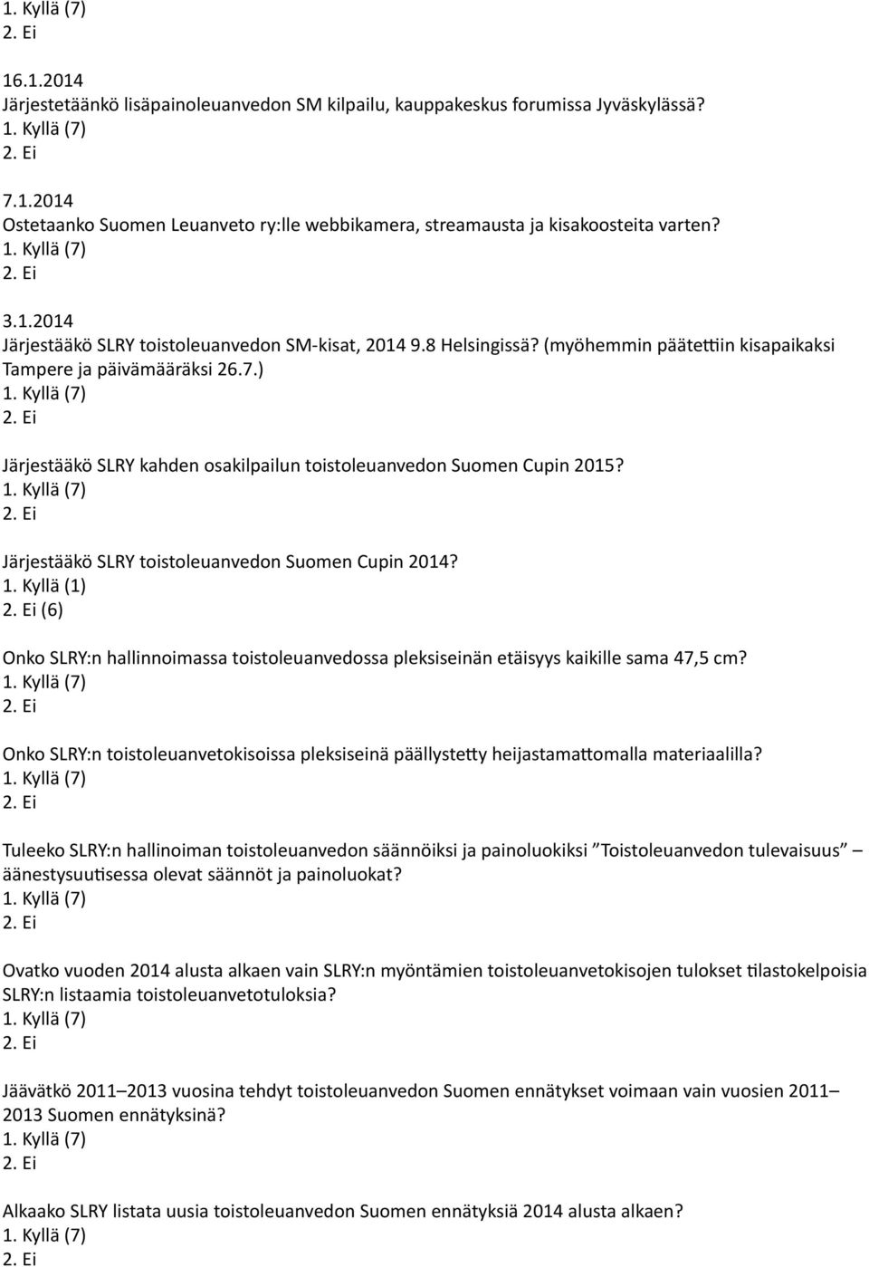 Järjestääkö SLRY toistoleuanvedon Suomen Cupin 2014? 1. Kyllä (1) (6) Onko SLRY:n hallinnoimassa toistoleuanvedossa pleksiseinän etäisyys kaikille sama 47,5 cm?