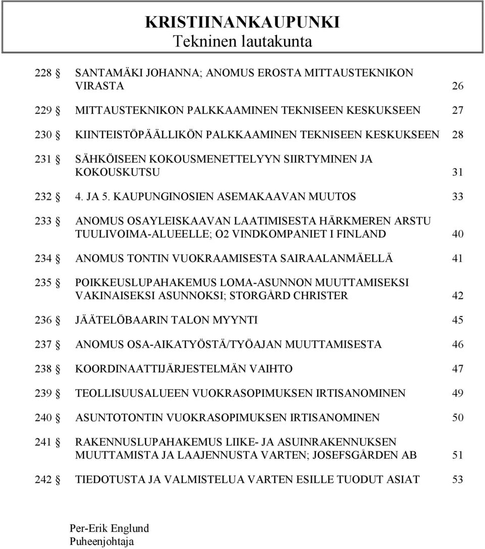 KAUPUNGINOSIEN ASEMAKAAVAN MUUTOS 33 233 ANOMUS OSAYLEISKAAVAN LAATIMISESTA HÄRKMEREN ARSTU TUULIVOIMA-ALUEELLE; O2 VINDKOMPANIET I FINLAND 40 234 ANOMUS TONTIN VUOKRAAMISESTA SAIRAALANMÄELLÄ 41 235