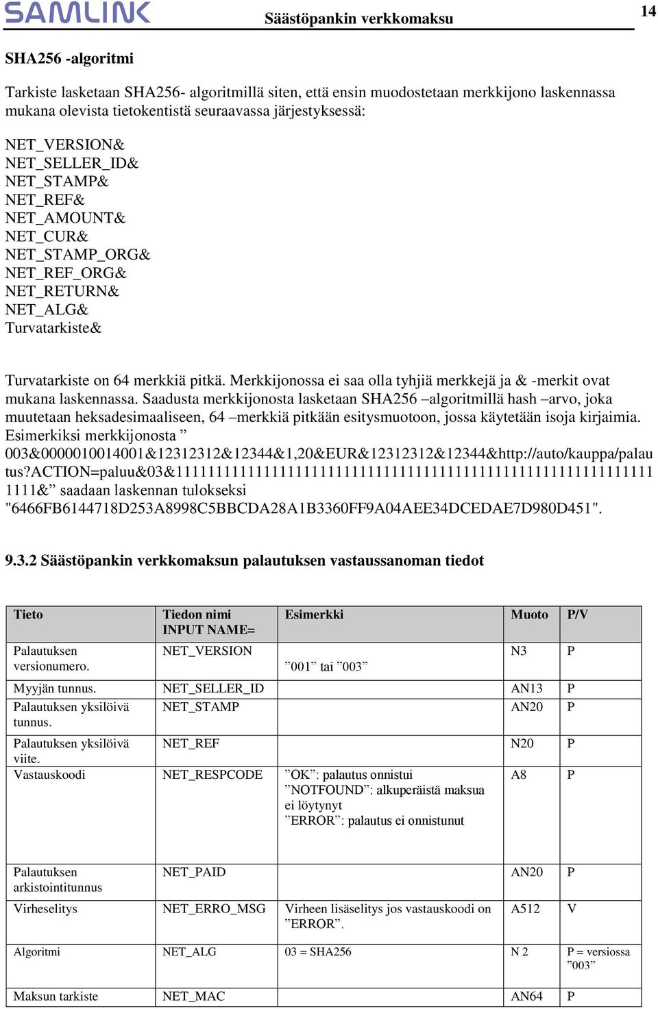 Saadusta merkkijonosta lasketaan SHA256 algoritmillä hash arvo, joka muutetaan heksadesimaaliseen, 64 merkkiä pitkään esitysmuotoon, jossa käytetään isoja kirjaimia.