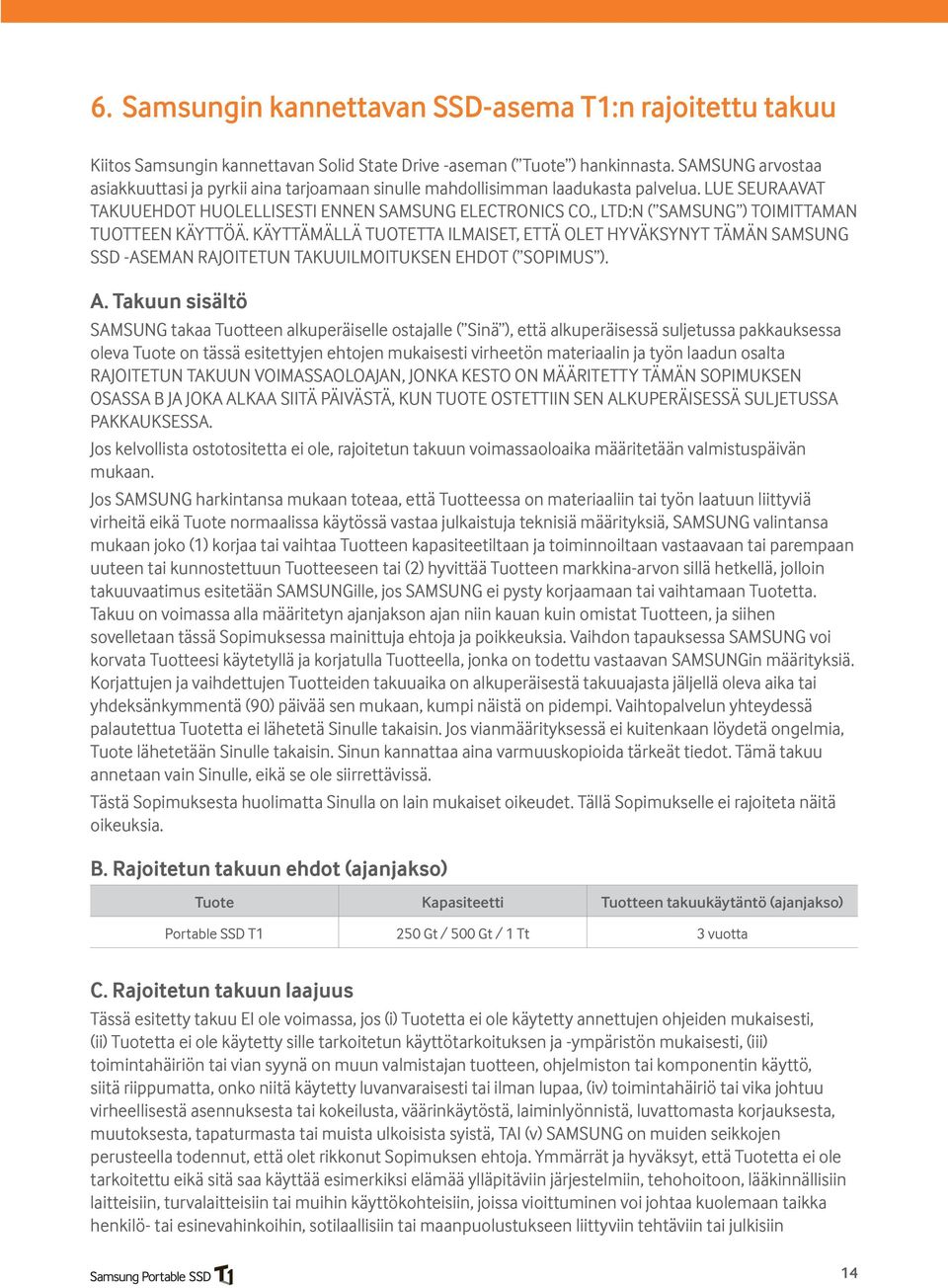 , LTD:N ( SAMSUNG ) TOIMITTAMAN TUOTTEEN KÄYTTÖÄ. KÄYTTÄMÄLLÄ TUOTETTA ILMAISET, ETTÄ OLET HYVÄKSYNYT TÄMÄN SAMSUNG SSD -ASEMAN RAJOITETUN TAKUUILMOITUKSEN EHDOT ( SOPIMUS ). A.