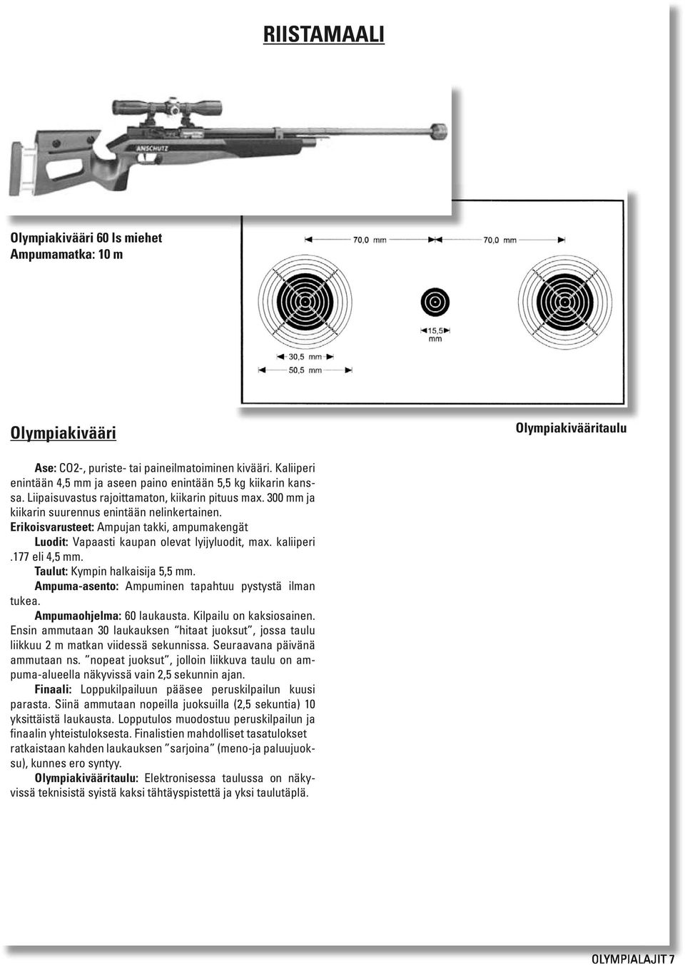 Erikoisvarusteet: Ampujan takki, ampumakengät Luodit: Vapaasti kaupan olevat lyijyluodit, max. kaliiperi.177 eli 4,5 mm. Taulut: Kympin halkaisija 5,5 mm.