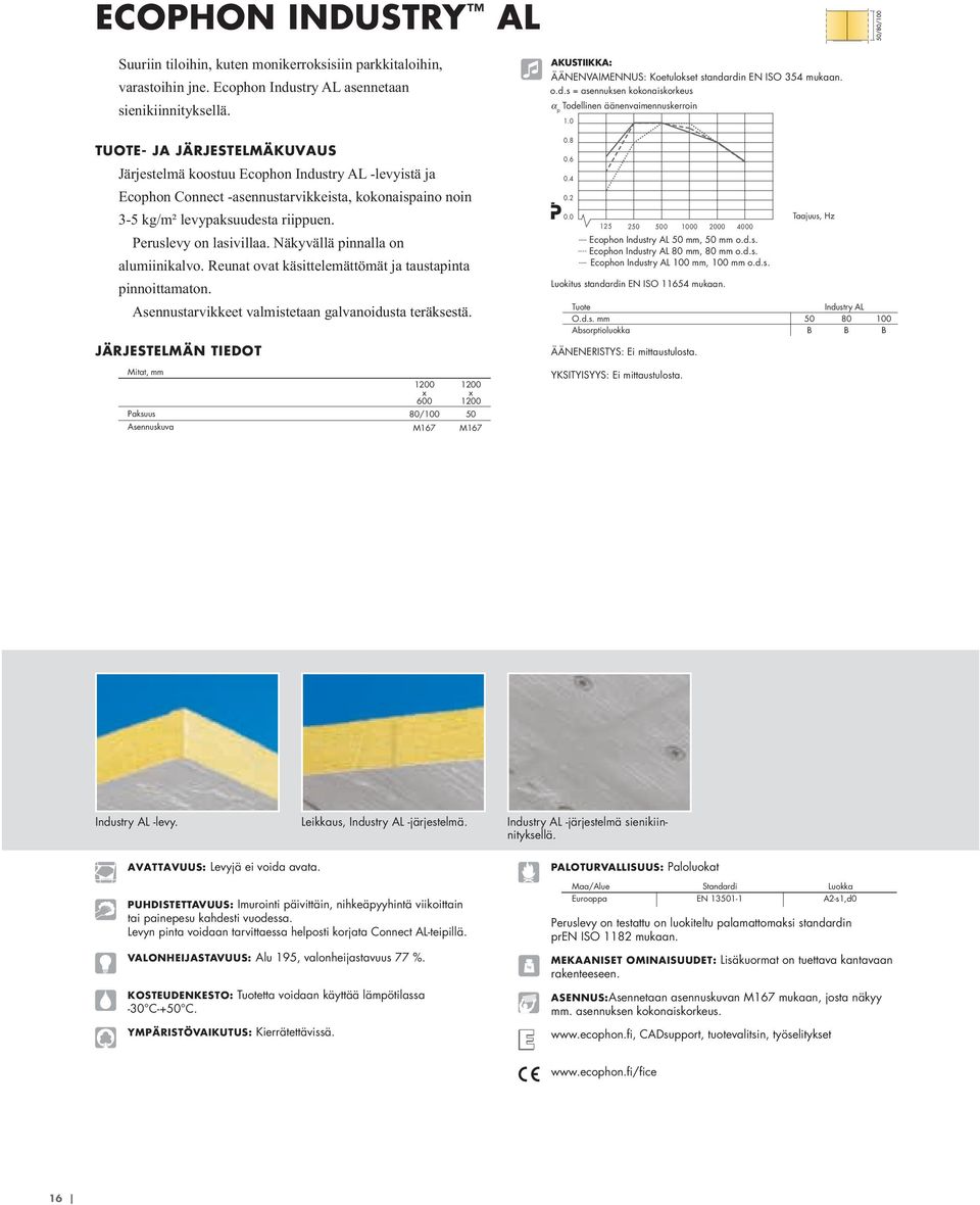 0 TUOTE- JA JÄRJESTELMÄKUVAUS Järjestelmä koostuu Ecophon Industry AL -levyistä ja Ecophon Connect -asennustarvikkeista, kokonaispaino noin 3-5 kg/m² levypaksuudesta riippuen. Peruslevy on lasivillaa.