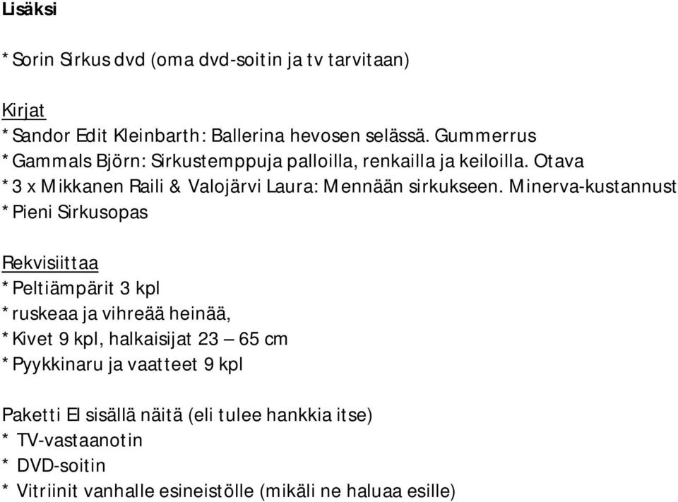 Minerva kustannust *Pieni Sirkusopas Rekvisiittaa *Peltiämpärit 3 kpl *ruskeaa ja vihreää heinää, *Kivet 9 kpl, halkaisijat 23 65 cm