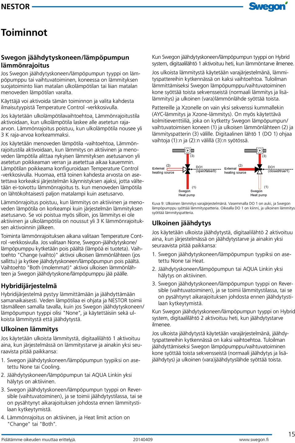 Jos käytetään ulkolämpötilavaihtoehtoa, Lämmönrajoitustila aktivoidaan, kun ulkolämpötila laskee alle asetetun rajaarvon.