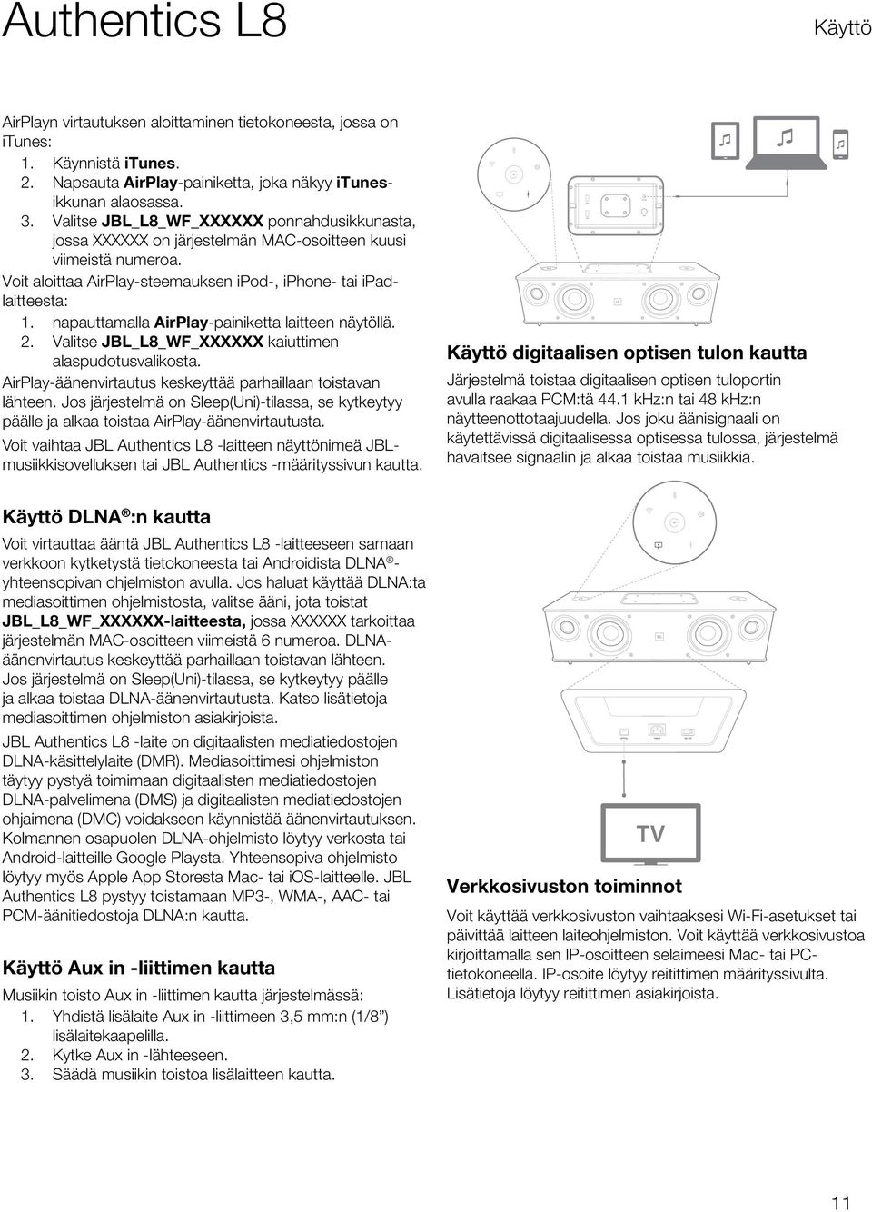 Voit aloittaa AirPlay-steemauksen ipod-, iphone- tai ipadlaitteesta: 1. napauttamalla AirPlay-painiketta laitteen näytöllä. 2. Valitse JBL_L8_WF_XXXXXX kaiuttimen alaspudotusvalikosta.