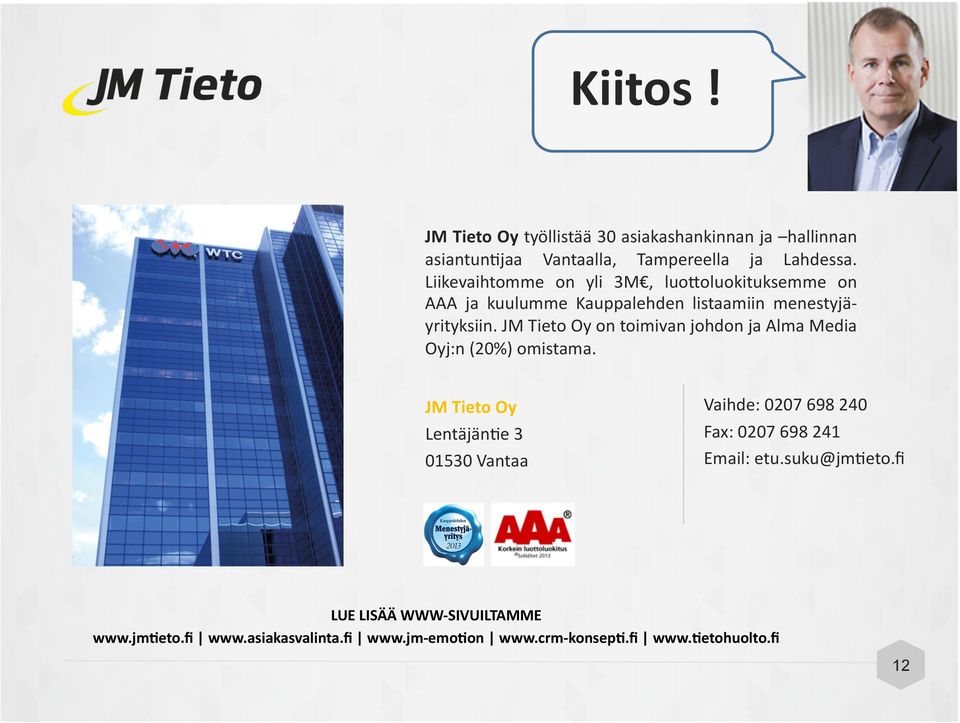 JM Tieto Oy on toimivan johdon ja Alma Media Oyj:n (20%) omistama. JM Tieto Oy Lentäjän.