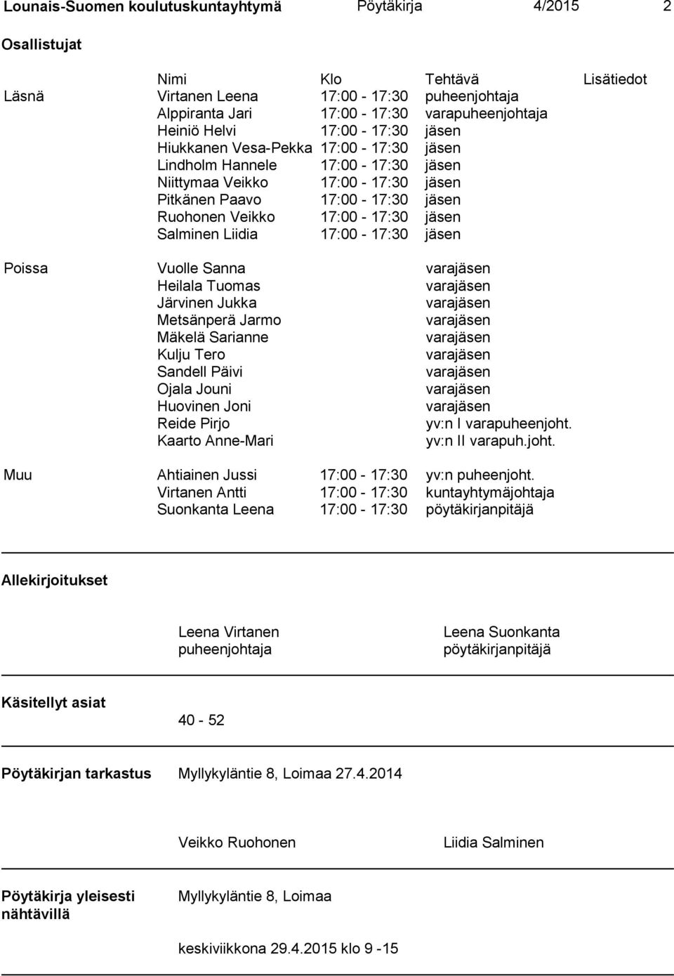 Salminen Liidia 17:00-17:30 jäsen Poissa Vuolle Sanna varajäsen Heilala Tuomas varajäsen Järvinen Jukka varajäsen Metsänperä Jarmo varajäsen Mäkelä Sarianne varajäsen Kulju Tero varajäsen Sandell