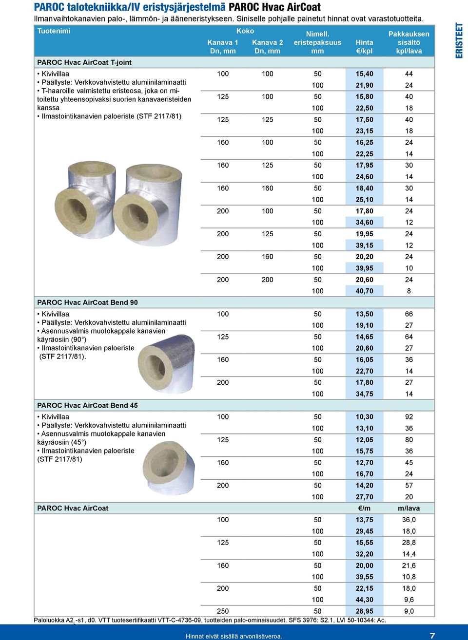 eristepaksuus Hinta /kpl Pakkauksen sisältö kpl/lava PAROC Hvac AirCoat T-joint Kivivillaa 15, 44 Päällyste: Verkkovahvistettu alumiinilaminaatti 21,90 24 T-haaroille valmistettu eristeosa, joka on