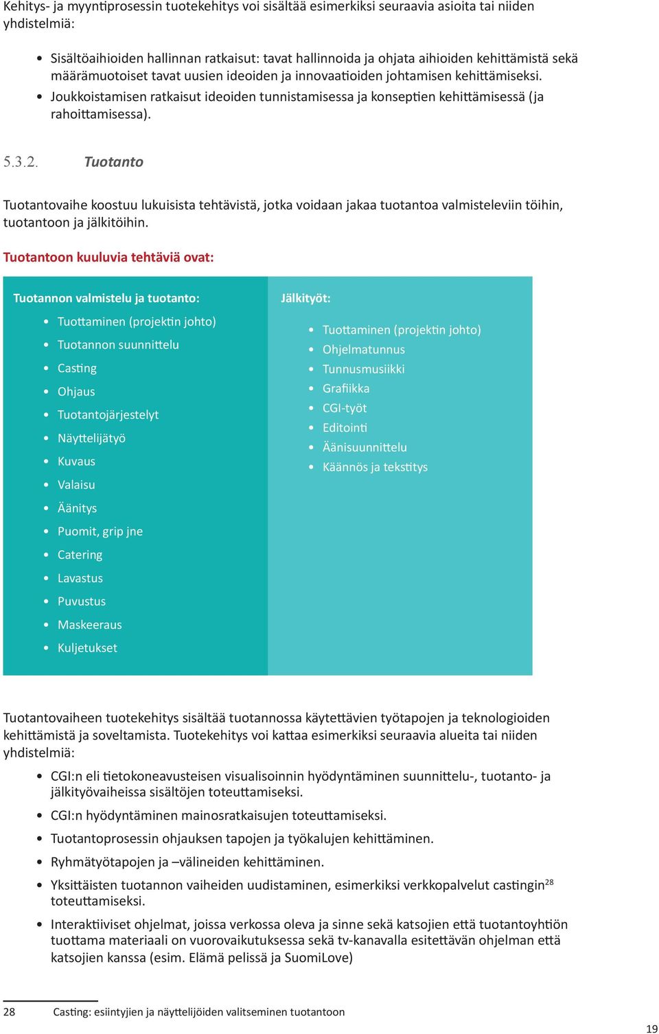 Tuotanto Tuotantovaihe koostuu lukuisista tehtävistä, jotka voidaan jakaa tuotantoa valmisteleviin töihin, tuotantoon ja jälkitöihin.