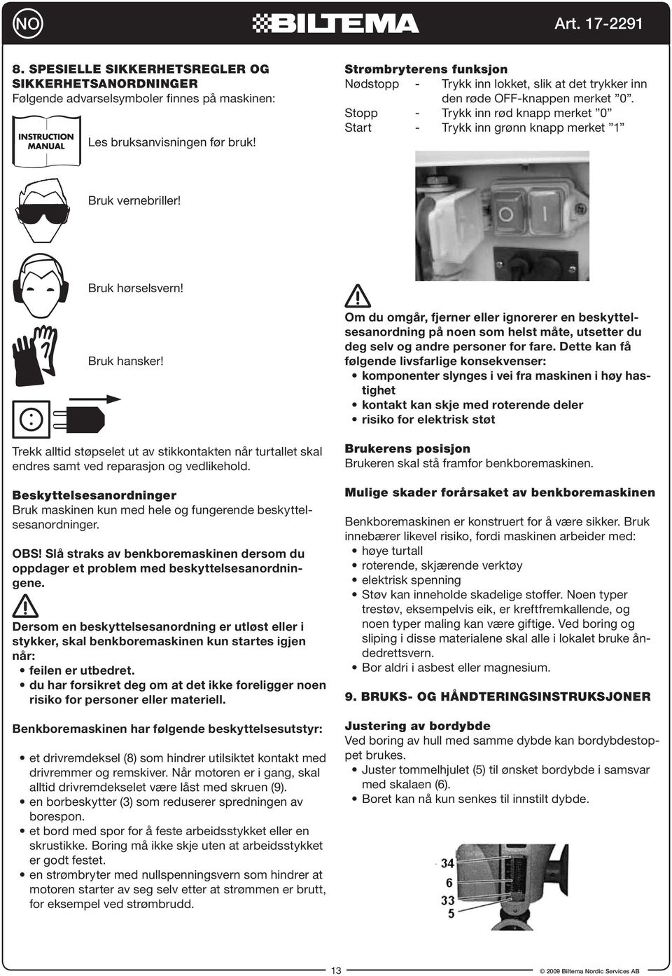 Stopp - Trykk inn rød knapp merket 0 Start - Trykk inn grønn knapp merket 1 Bruk vernebriller! Bruk hørselsvern! Bruk hansker!