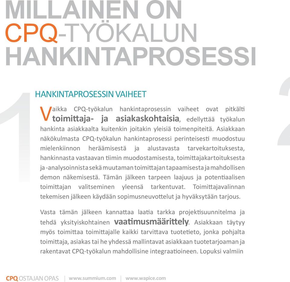 Asiakkaan näkökulmasta CPQ-työkalun hankintaprosessi perinteisesti muodostuu mielenkiinnon heräämisestä ja alustavasta tarvekartoituksesta, hankinnasta vastaavan tiimin muodostamisesta,