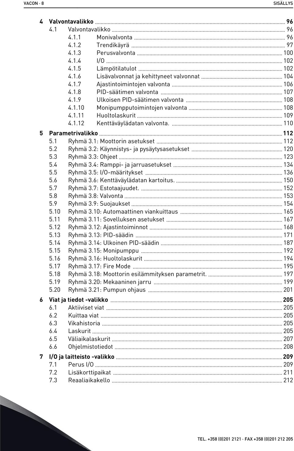 110 5 Parametrivalikko 112 5.1 Ryhmä 3.1: Moottorin asetukset 112 5.2 Ryhmä 3.2: Käynnistys- ja pysäytysasetukset 120 5.3 Ryhmä 3.3: Ohjeet 123 5.4 Ryhmä 3.4: Ramppi- ja jarruasetukset 134 5.