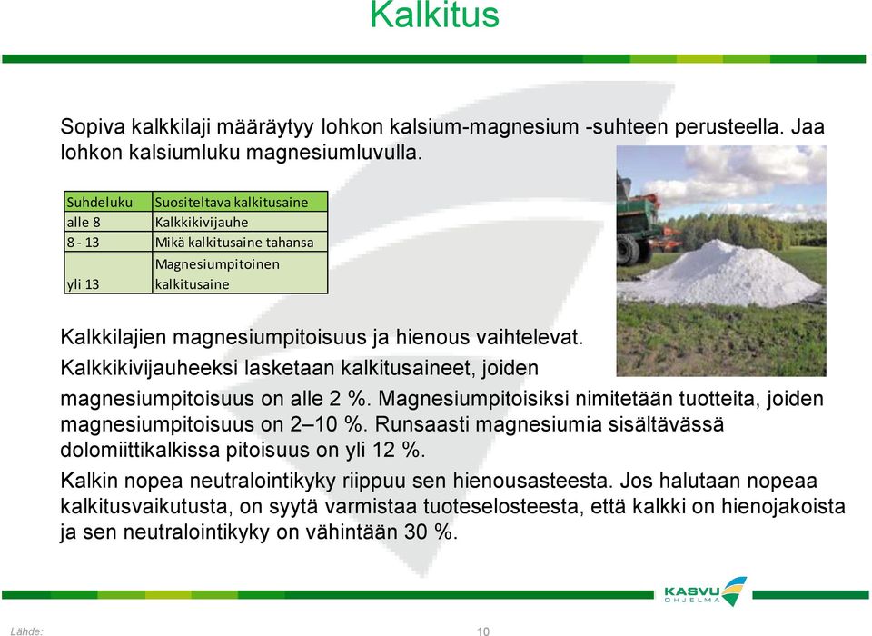 Kalkkikivijauheeksi lasketaan kalkitusaineet, joiden magnesiumpitoisuus on alle 2 %. Magnesiumpitoisiksi nimitetään tuotteita, joiden magnesiumpitoisuus on 2 10 %.