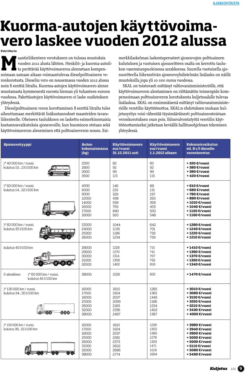 Dieselin vero on nousemassa vuoden 2012 alussa noin 8 senttiä litralta. Kuorma-autojen käyttövoimavero alenee muutamasta kymmenestä eurosta hieman yli tuhanteen euroon vuodessa.