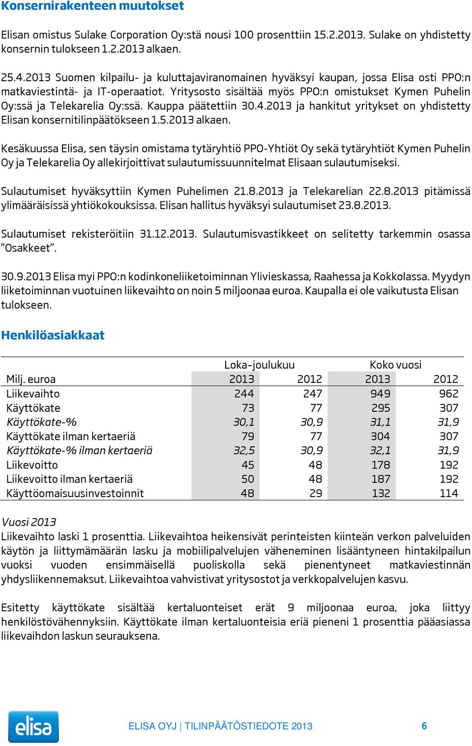 Yritysosto sisältää myös PPO:n omistukset Kymen Puhelin Oy:ssä ja Telekarelia Oy:ssä. Kauppa päätettiin 30.4.2013 ja hankitut yritykset on yhdistetty Elisan konsernitilinpäätökseen 1.5.2013 alkaen.