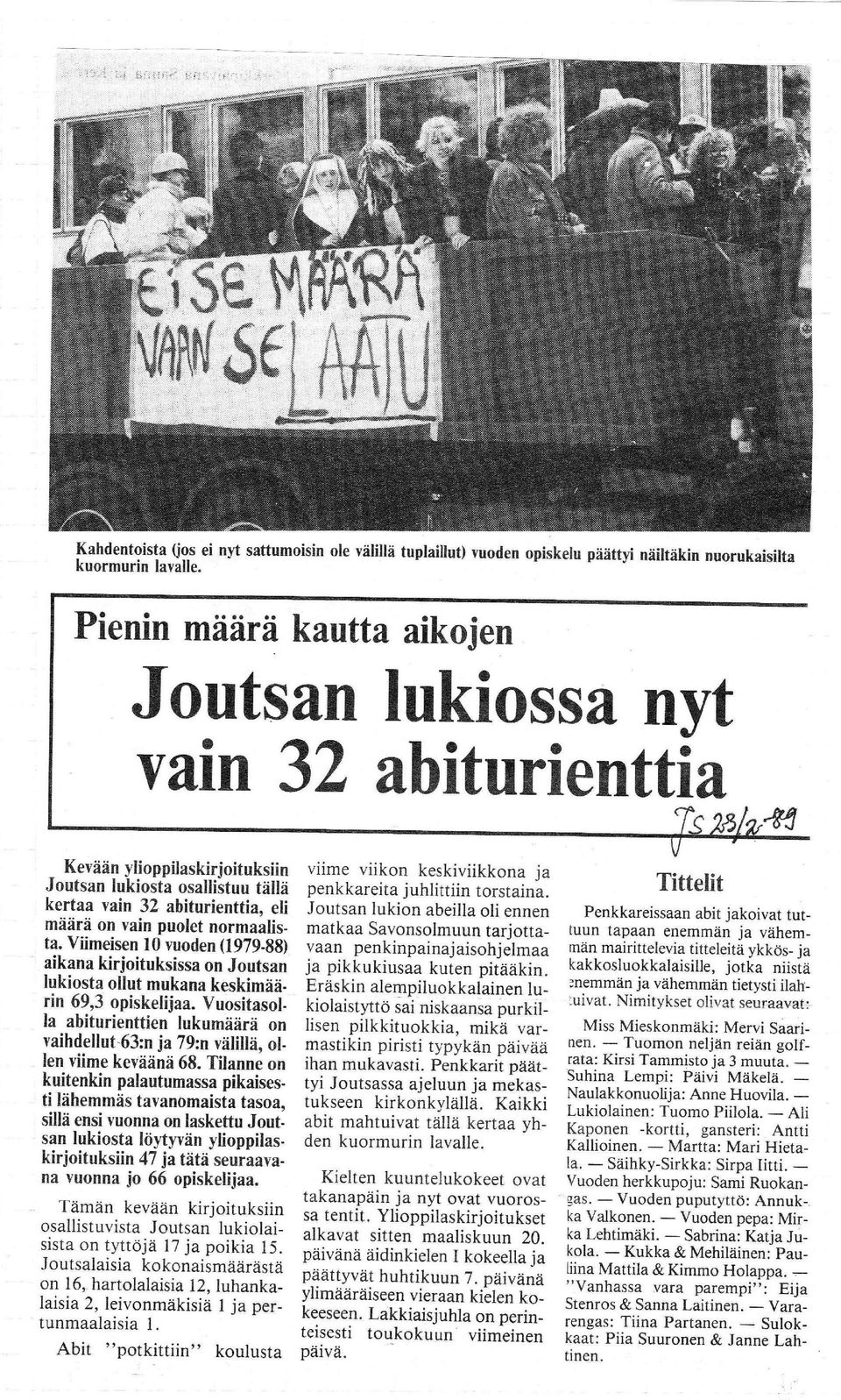 normaalista. Viimeisen 10 vuoden (197988) aikana kirjoituksissa on Joutsan lukiosta ollut mukana keskimaarin 69,3 opiskelijaa.