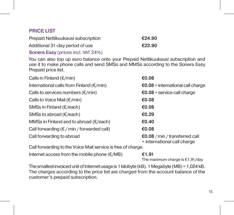 Calls in Finland ( /min) 0.08 International calls from Finland ( /min) Calls to services numbers ( /min) Calls to Voice Mail ( /min) 0.08 SMSs in Finland ( /each) 0.08 SMSs to abroad ( /each) 0.