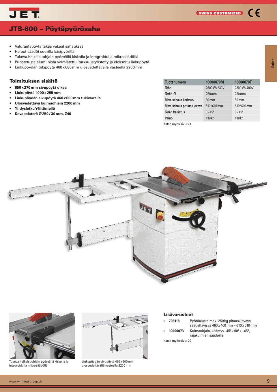 sivupöytä 460 x 600 mm tukivarrella Ulosvedettävä kulmaohjain 2200 mm Yhdysletku Y-liittimellä Kovapalaterä Ø 250 / 30 mm, Z40 Tuotenumero 10000070M 10000070T Teho 2600 W / 230V 2800 W / 400V Terän-Ø