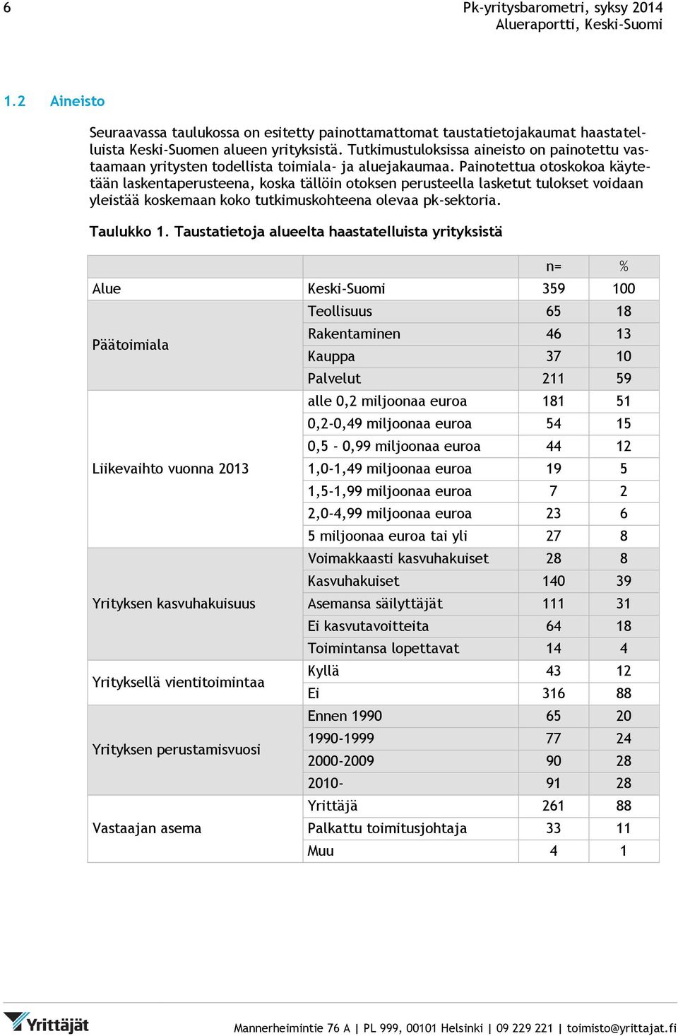 Painotettua otoskokoa käytetään laskentaperusteena, koska tällöin otoksen perusteella lasketut tulokset voidaan yleistää koskemaan koko tutkimuskohteena olevaa pk-sektoria. Taulukko 1.