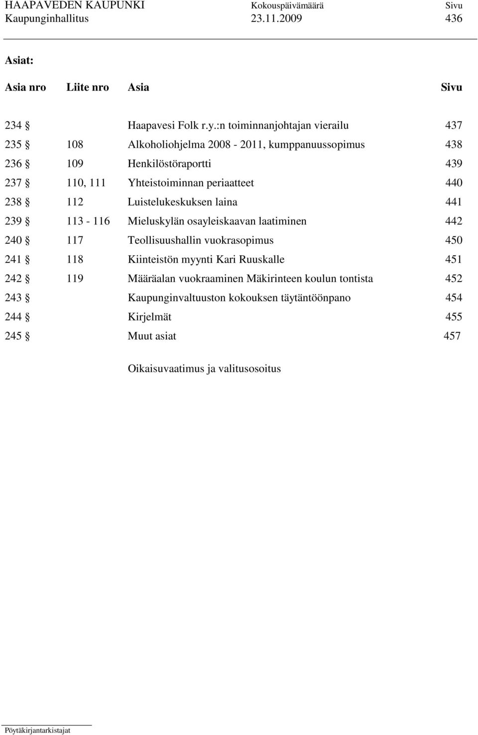 periaatteet 440 238 112 Luistelukeskuksen laina 441 239 113-116 Mieluskylän osayleiskaavan laatiminen 442 240 117 Teollisuushallin vuokrasopimus 450 241