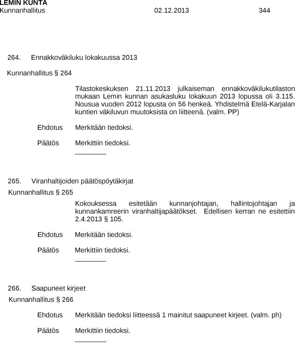 Yhdistelmä Etelä-Karjalan kuntien väkiluvun muutoksista on liitteenä. (valm. PP) Merkitään tiedoksi. Merkittiin tiedoksi. 265.