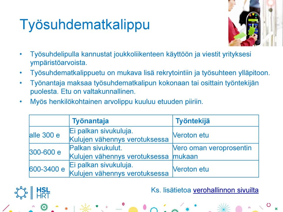 Etu on valtakunnallinen. Myös henkilökohtainen arvolippu kuuluu etuuden piiriin. alle 300 e 300-600 e 600-3400 e Työnantaja Ei palkan sivukuluja.