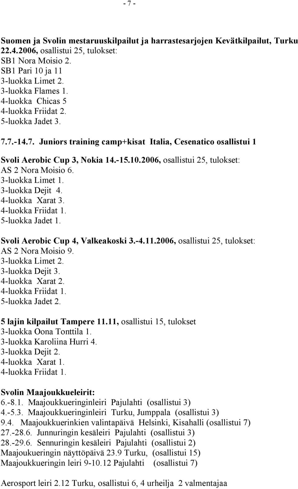 2006, osallistui 25, tulokset: AS 2 Nora Moisio 6. 3-luokka Limet 1. 3-luokka Dejit 4. 4-luokka Xarat 3. 4-luokka Friidat 1. 5-luokka Jadet 1. Svoli Aerobic Cup 4, Valkeakoski 3.-4.11.