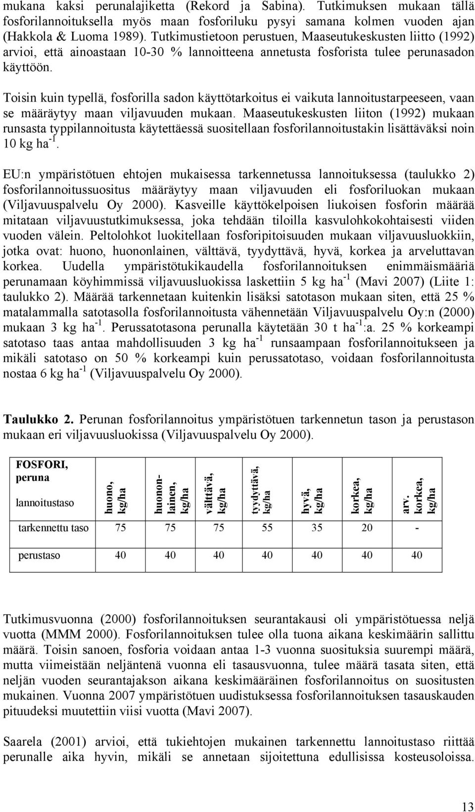 Toisin kuin typellä, fosforilla sadon käyttötarkoitus ei vaikuta lannoitustarpeeseen, vaan se määräytyy maan viljavuuden mukaan.