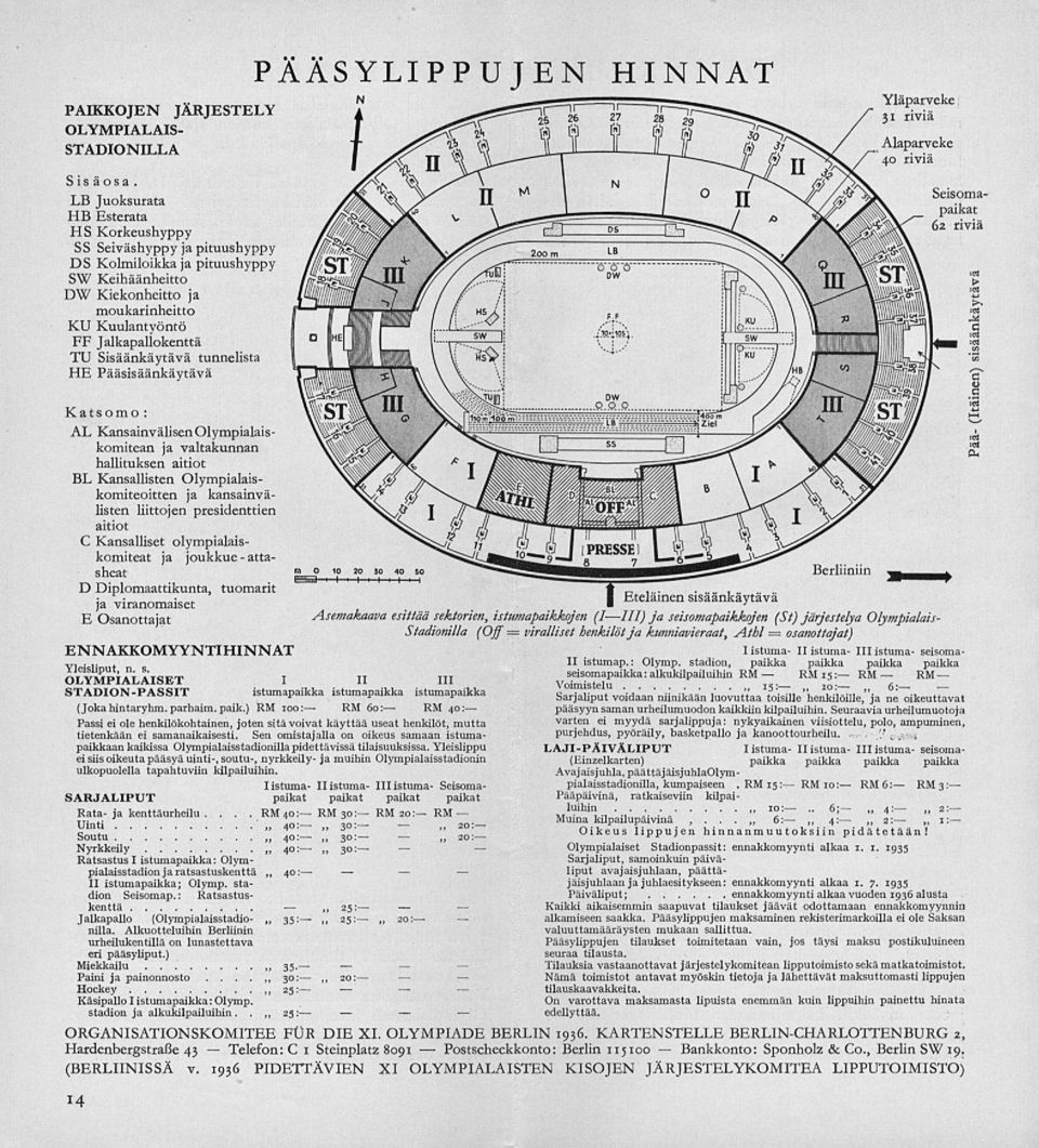 TU Sisäänkäytävä tunnelista HE Pääsisäänkäytävä PÄÄSYLIPPUJEN HINNAT Katsomo : AL Kansainvälisen Olympialais komitean ja valtakunnan hallituksen aitiot BL Kansallisten Olympialaiskomiteoitten ja