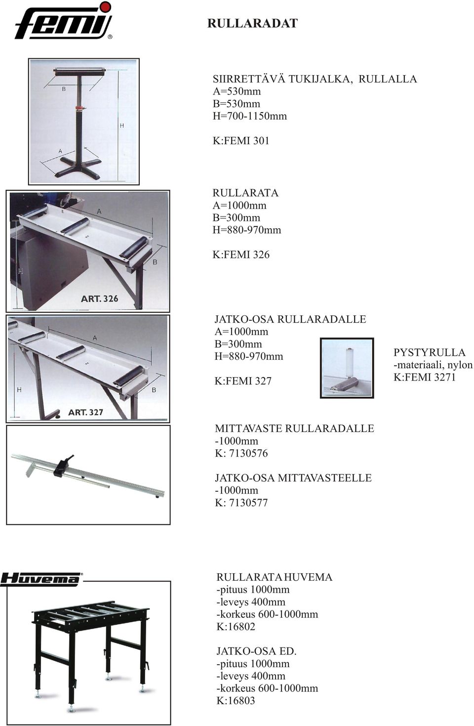 K:FEMI 3271 MITTAVASTE RULLARADALLE -1000mm K: 7130576 JATKO-OSA MITTAVASTEELLE -1000mm K: 7130577 RULLARATA HUVEMA