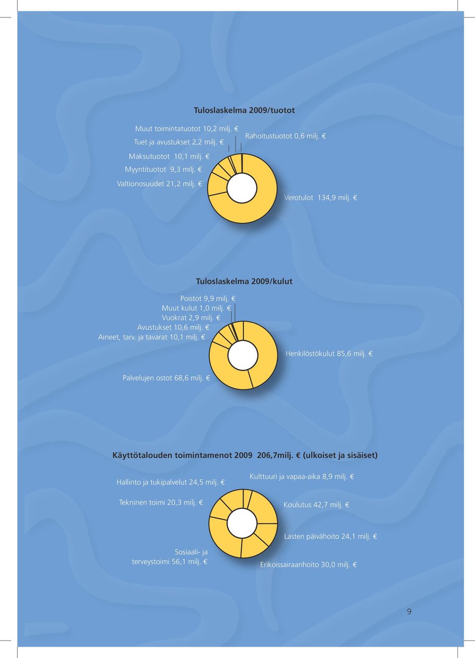 Tuloslaskelma 2009/kulut Henkilöstökulut 85,6 milj. Palvelujen ostot 68,6 milj. Käyttötalouden toimintamenot 2009 206,7milj.