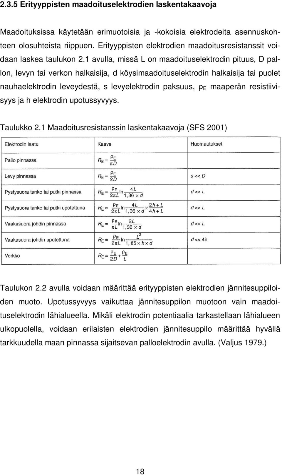 1 avulla, missä L on maadoituselektrodin pituus, D pallon, levyn tai verkon halkaisija, d köysimaadoituselektrodin halkaisija tai puolet nauhaelektrodin leveydestä, s levyelektrodin paksuus, ρ E