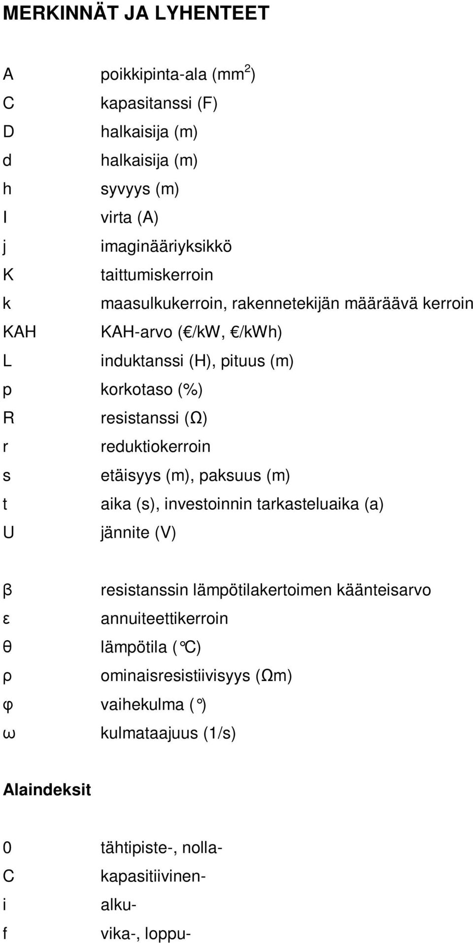 r reduktiokerroin s etäisyys (m), paksuus (m) t aika (s), investoinnin tarkasteluaika (a) U jännite (V) β resistanssin lämpötilakertoimen käänteisarvo ε