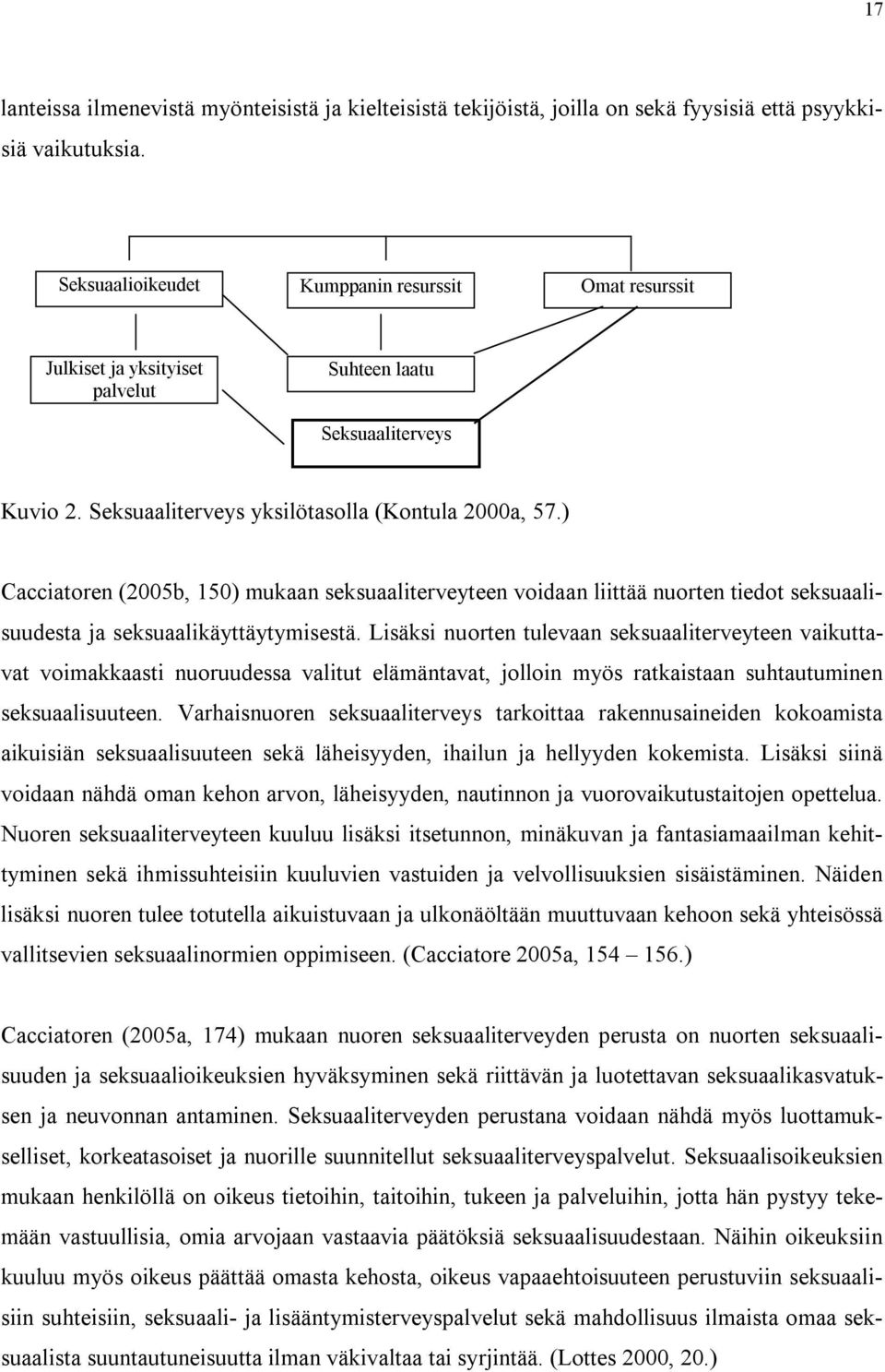 ) Cacciatoren (2005b, 150) mukaan seksuaaliterveyteen voidaan liittää nuorten tiedot seksuaalisuudesta ja seksuaalikäyttäytymisestä.