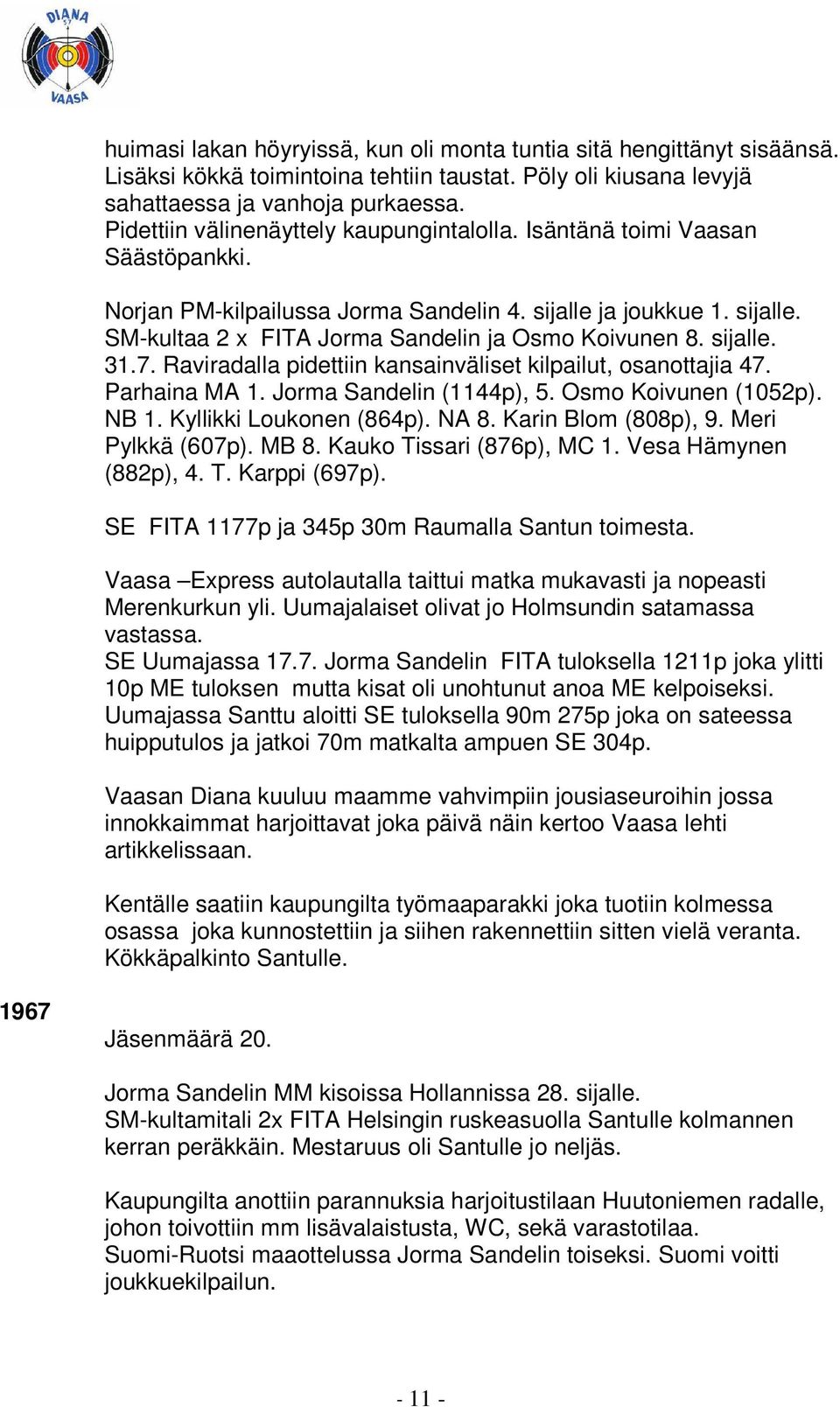 sijalle. 31.7. Raviradalla pidettiin kansainväliset kilpailut, osanottajia 47. Parhaina MA 1. Jorma Sandelin (1144p), 5. Osmo Koivunen (1052p). NB 1. Kyllikki Loukonen (864p). NA 8.